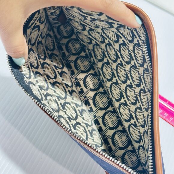 NWT Salvatore Ferragamo Men Navy Canvas Leather Trim Logo Clutch Pouch Bag - Picture 7 of 9